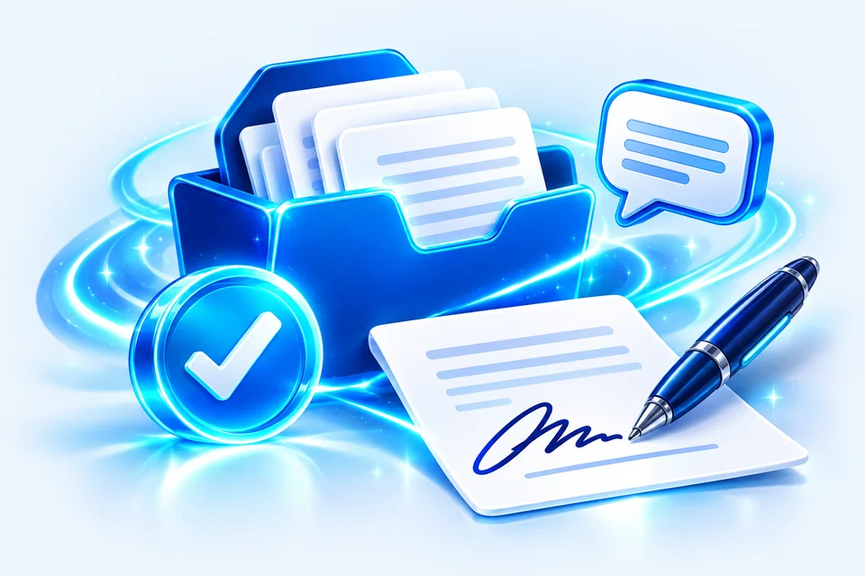 Illustration of the Mage Shares workflow: collecting files, reviewing work and gathering signatures in one client space